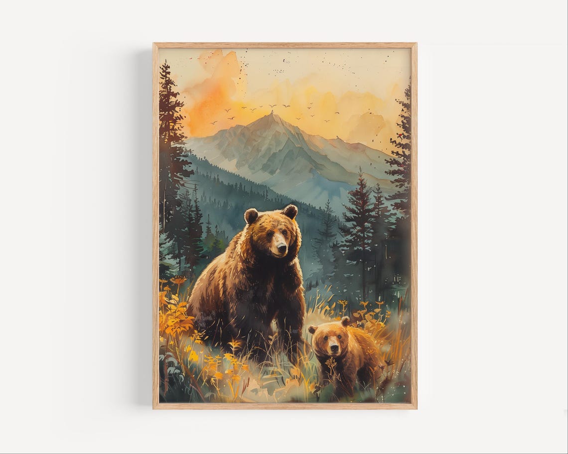 Brown Bear And Cub Watercolor Mountain Sunset Wildlife Poster
