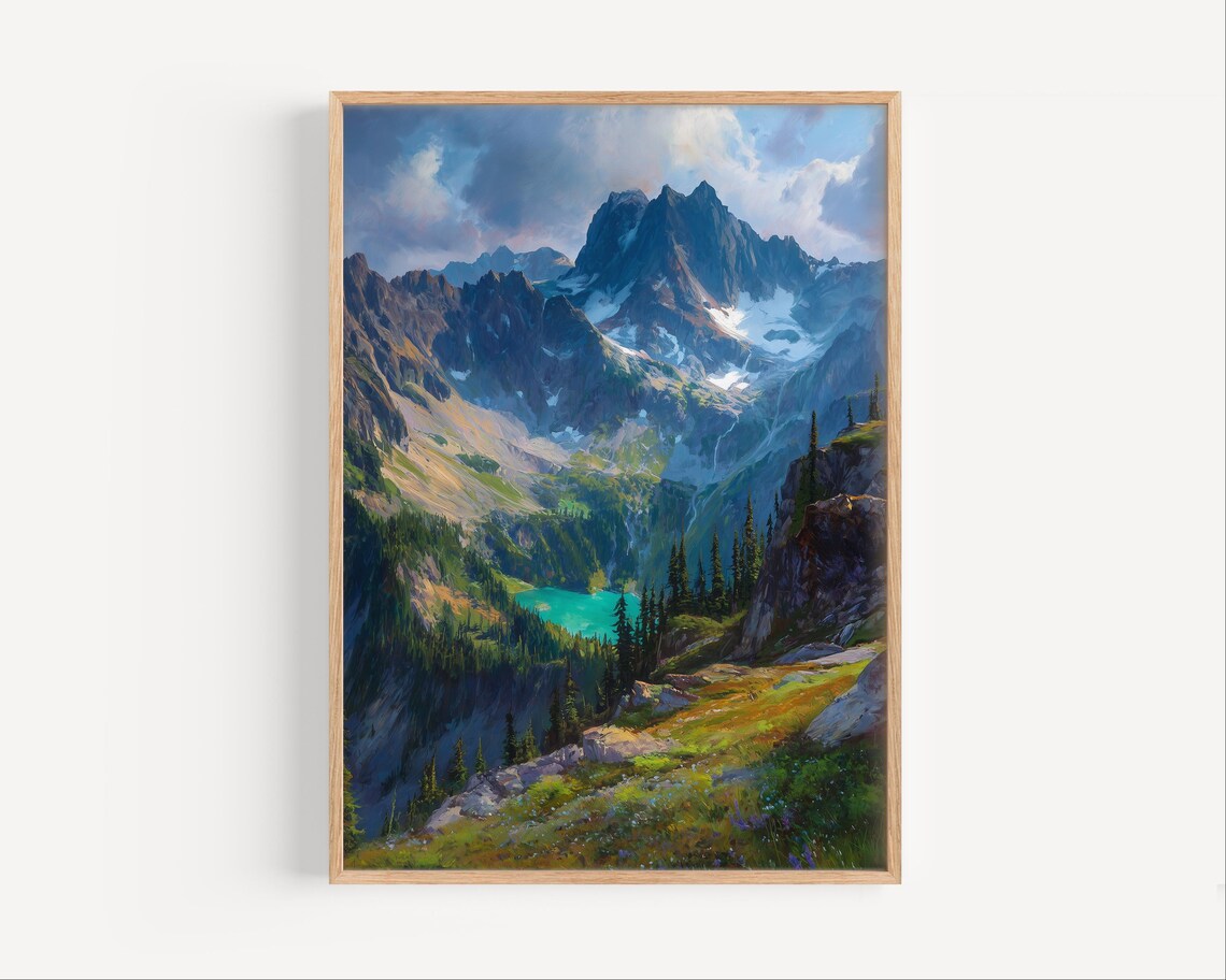 North Cascades Alpine Lake and Peaks Oil Painting Mountain Poster