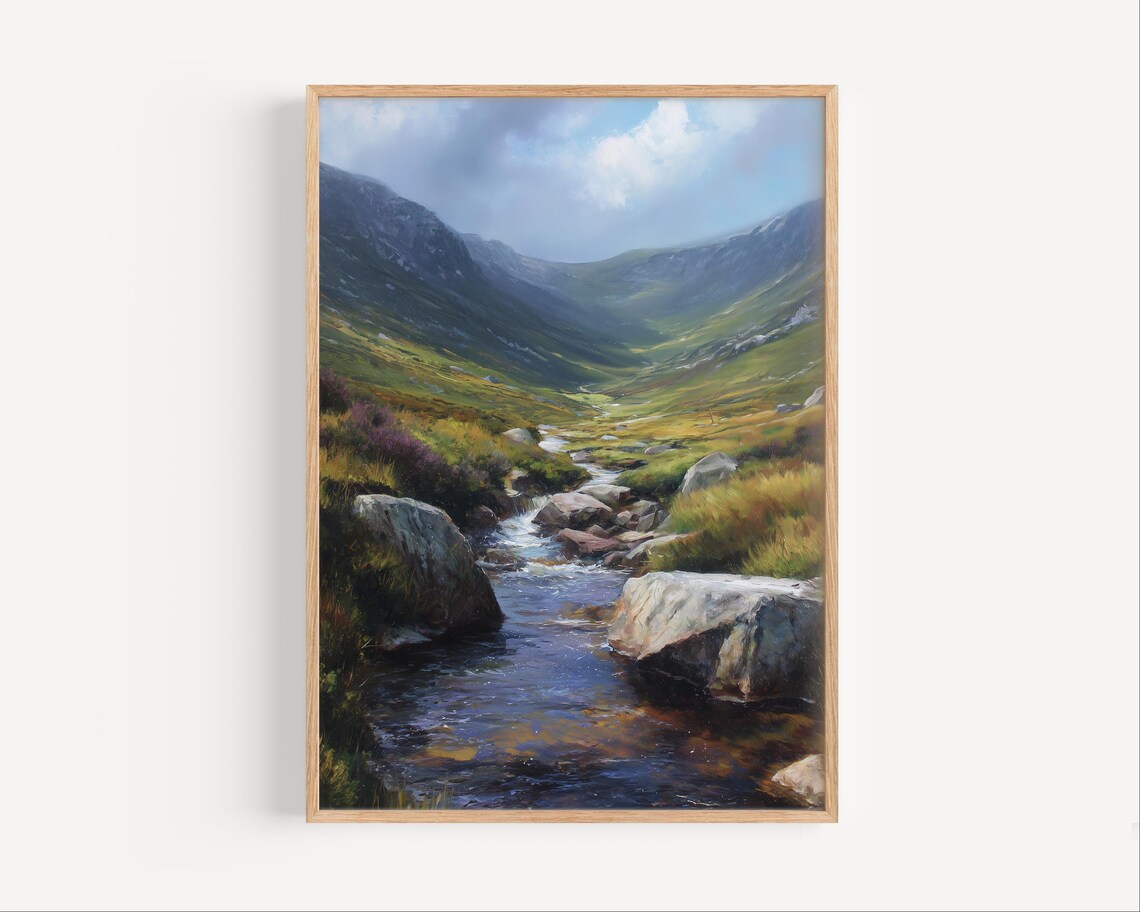 Mountain Stream over Boulders in Green Valley Oil Painting Poster