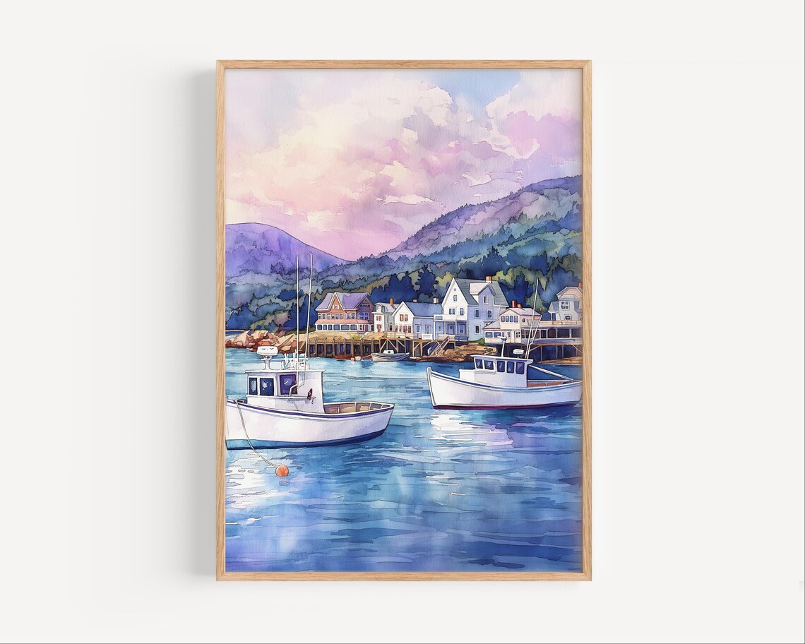 Bar Harbor Maine Lobster Boats Harbor Watercolor Coastal Poster