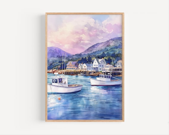 Bar Harbor Maine Lobster Boats Harbor Watercolor Coastal Poster