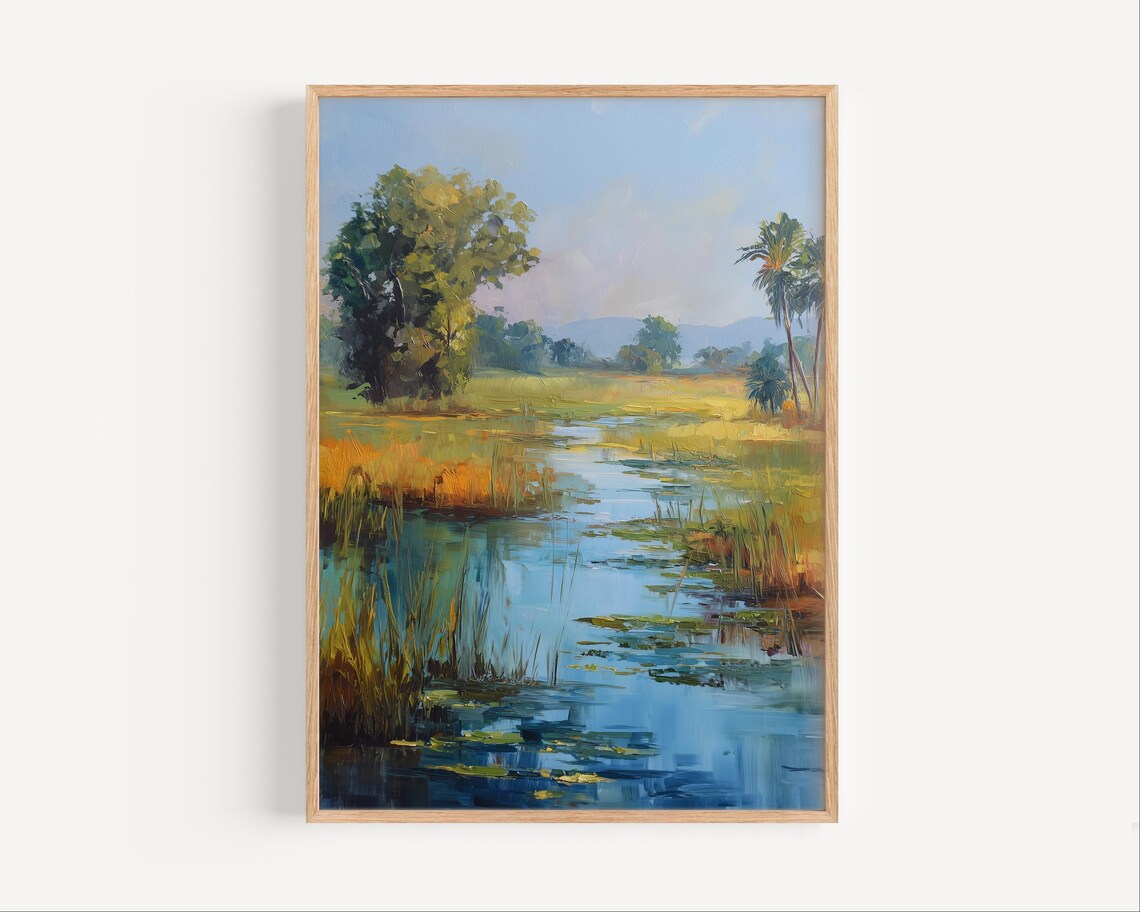 Serene Wetland River Reflections Reeds Impressionist Painting Poster