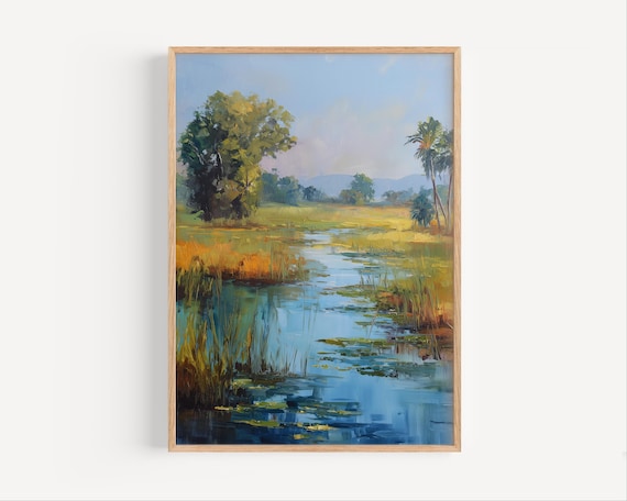 Serene Wetland River Reflections Reeds Impressionist Painting Poster