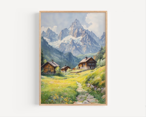 French Alps Mountain Town Wooden Chalets Beneath Glacier Peak Poster