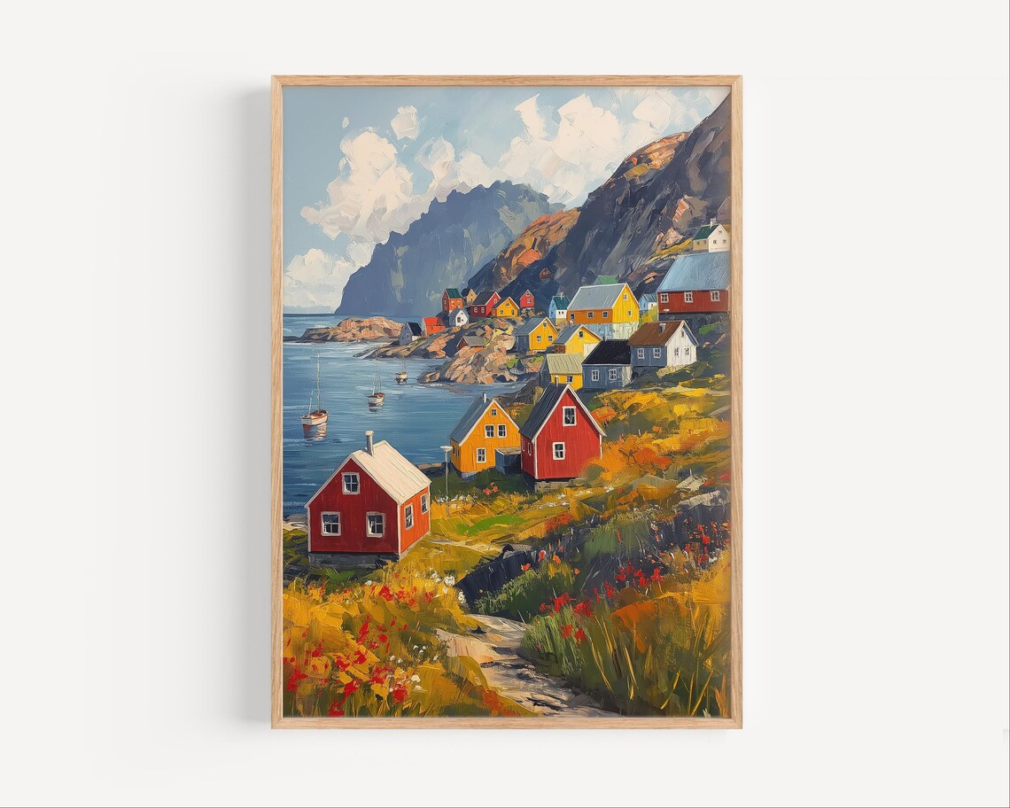 Colorful Arctic Fishing Village Rocky Fjord Boats Oil Painting Poster