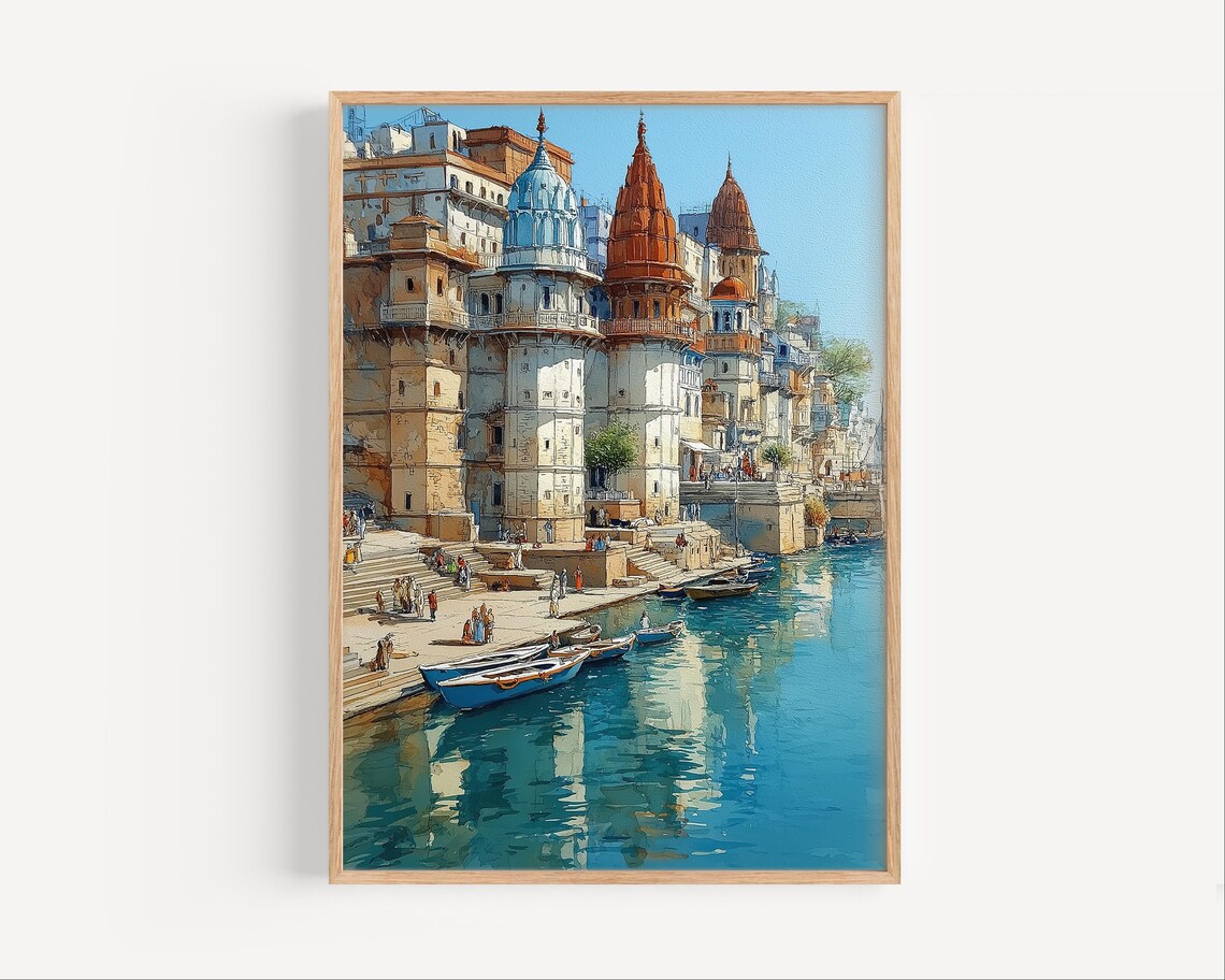 Indian Riverfront With Boats and Historic Temple Buildings Poster