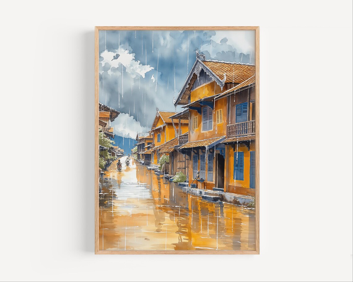 Battambang Cambodia Rain Watercolor Travel Poster