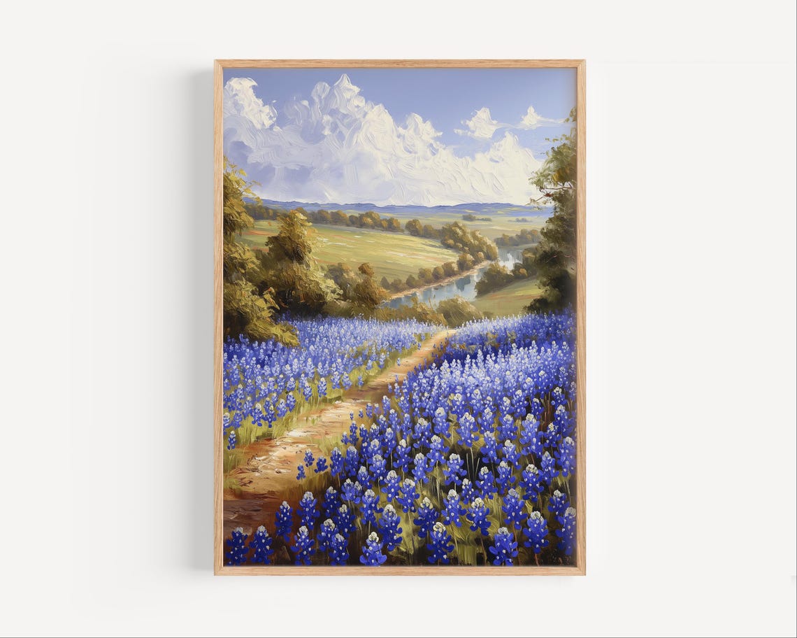 Texas Bluebonnet Field Oil Painting Wildflower Meadow Wall Poster