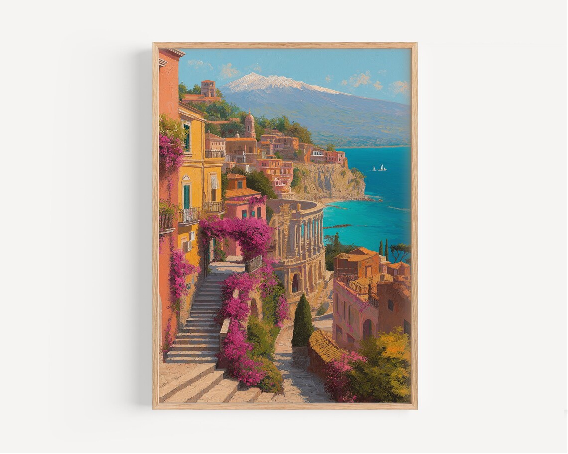 Taormina Sicily Mount Etna Coast Bougainvillea Oil Painting Poster