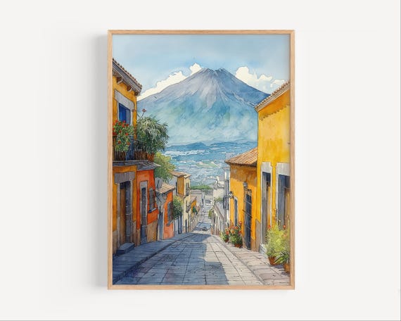 Puebla Watercolor Painting Mexico Poster Or Canvas Print Wall Art Gift Travel Popocatpetl Volcano