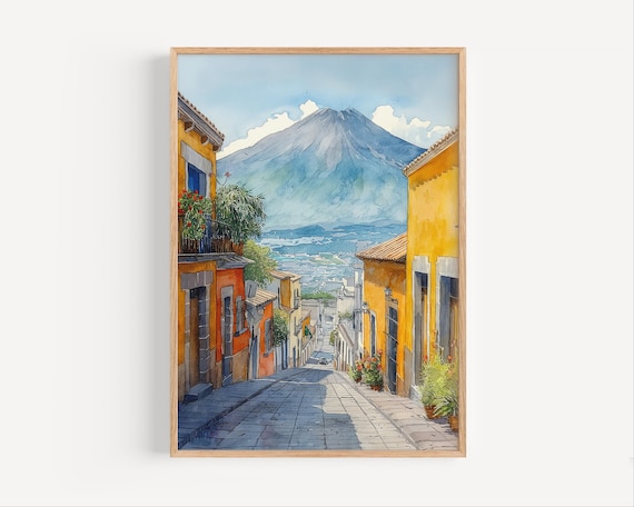Sunny Colonial Street Yellow Houses Volcano View Watercolor Poster