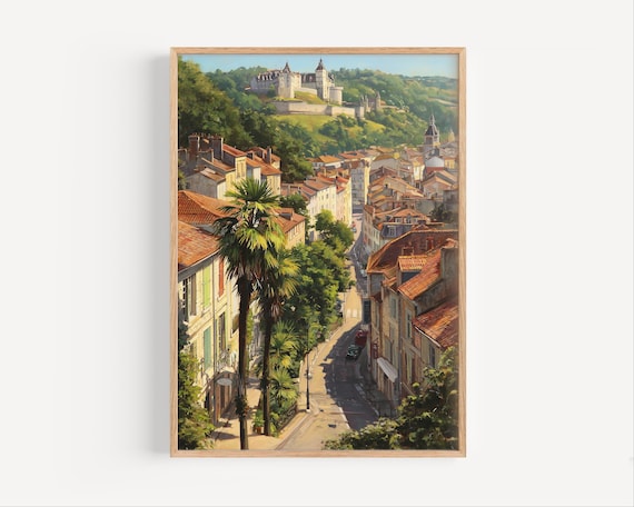 Pau France Old Town Rooftops and Castle on Hill Sunny Travel Poster
