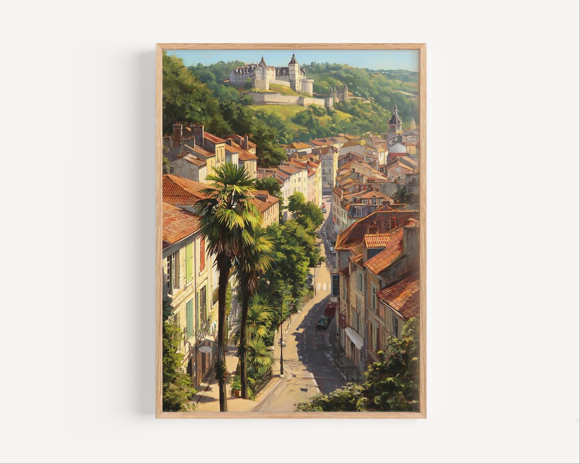 Pau France Old Town Rooftops and Castle on Hill Sunny Travel Poster
