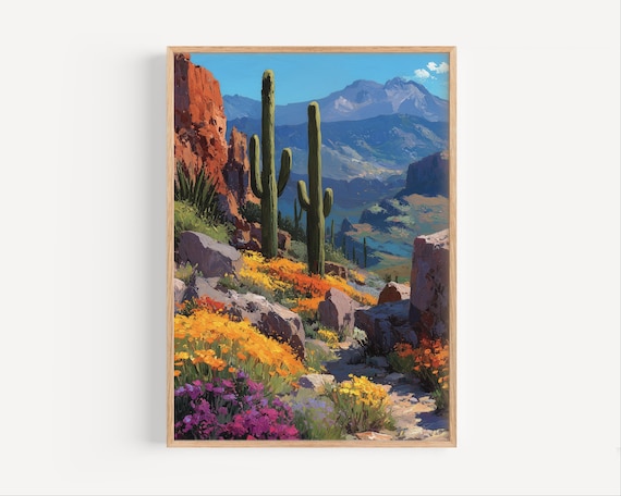 New Mexico Desert Hillside Covered in Wildflowers with Saguaro Cacti Poster