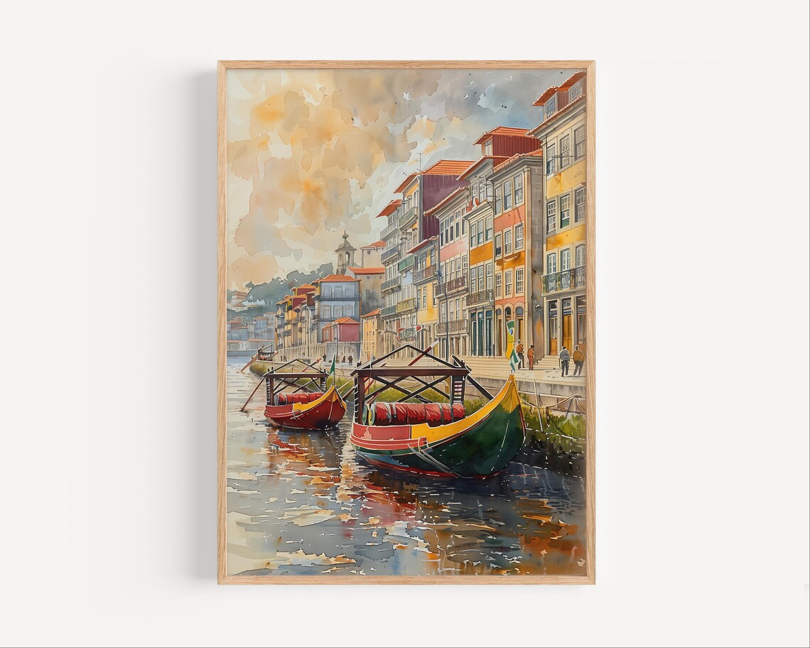 Porto Douro River Rabelo Boats Colorful Riverside Watercolor Art Poster