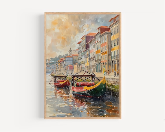Porto Douro River Rabelo Boats Colorful Riverside Watercolor Art Poster