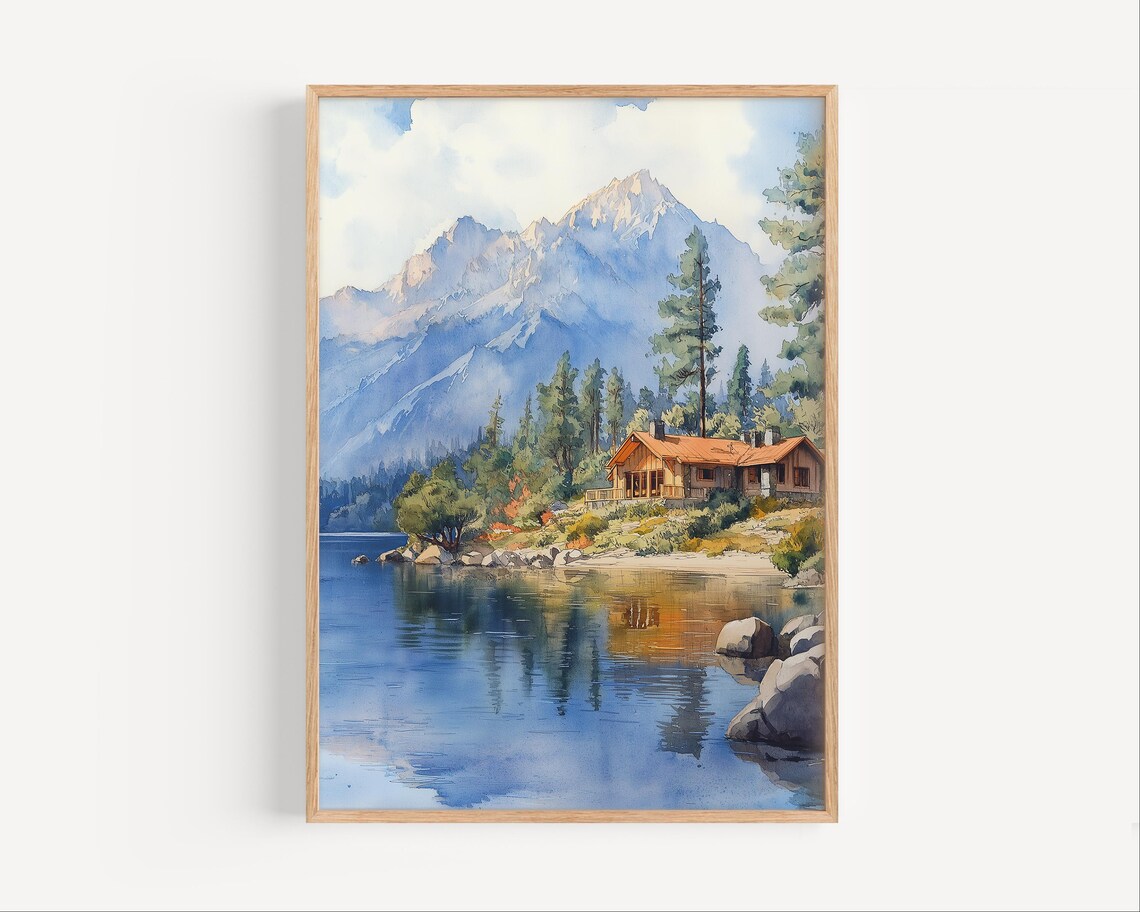 Lake Arrowhead Watercolor Cabin Mountain Lake Reflection Travel Poster