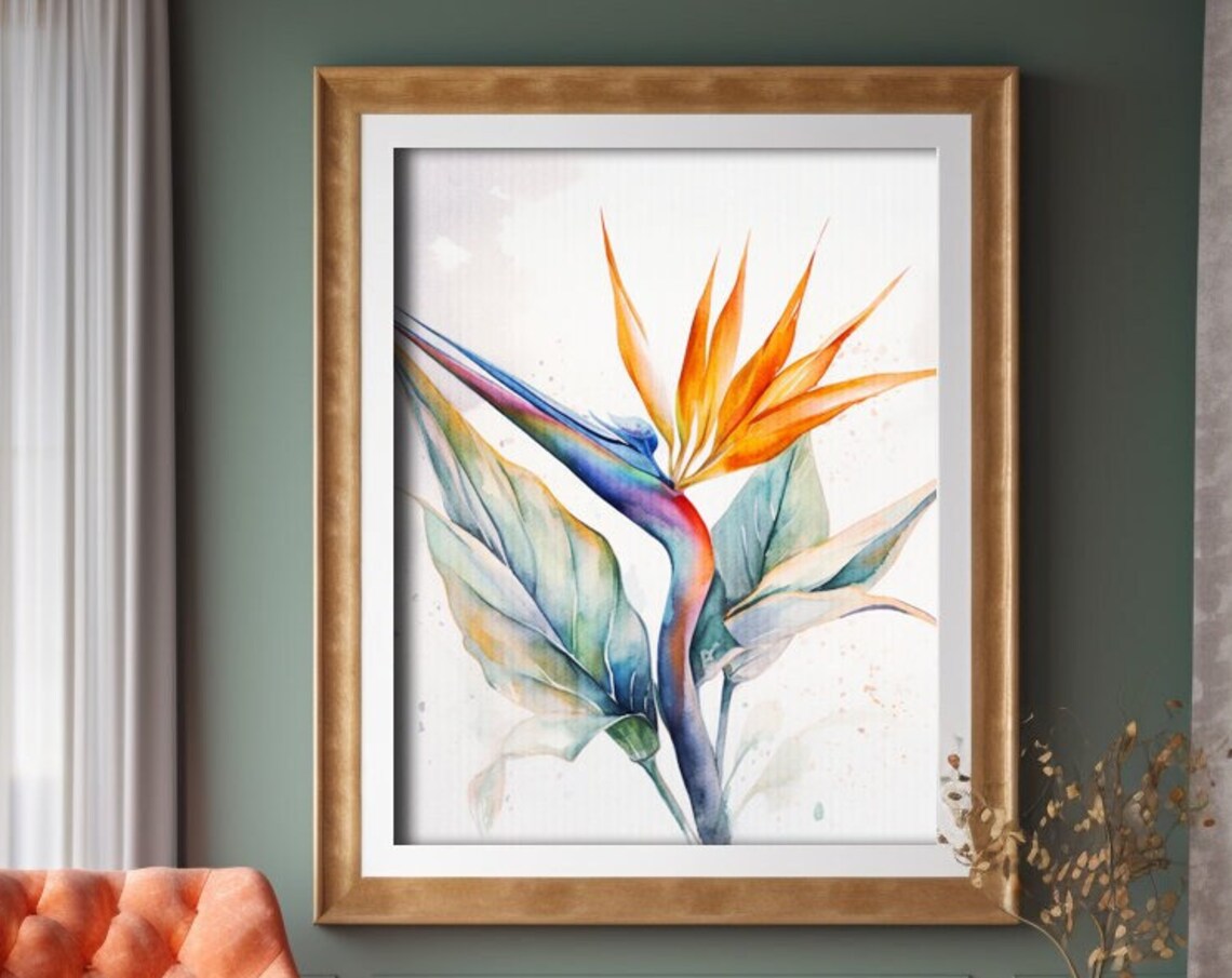 Bird Of Paradise Tropical Flower Orange Blue Watercolor Art Print
