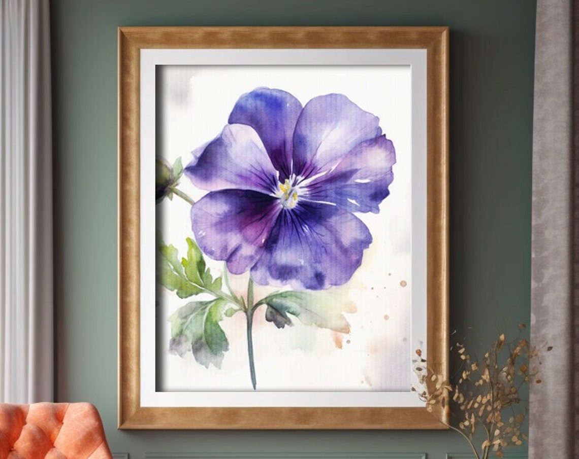 Purple Violet Flower Watercolor Botanical Close Up Painting Print