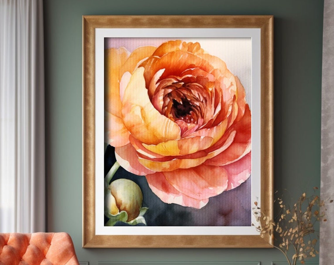 Orange Buttercup Flower Watercolor Close Up Botanical Poster