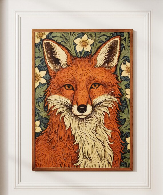 Red Fox Portrait in William Morris Floral Botanical Style Poster