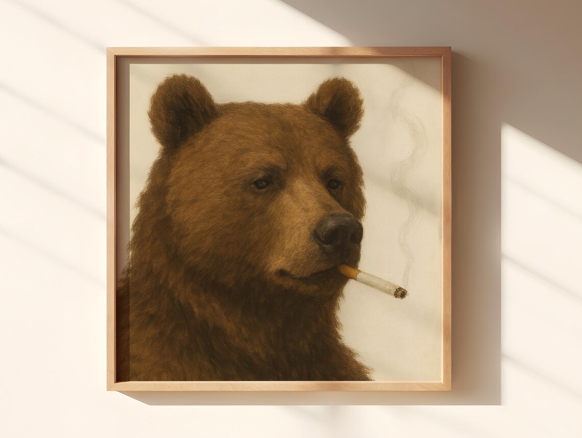 Brown Bear Smoking a Cigarette Cream Background Funny Cabin Poster - Image 3