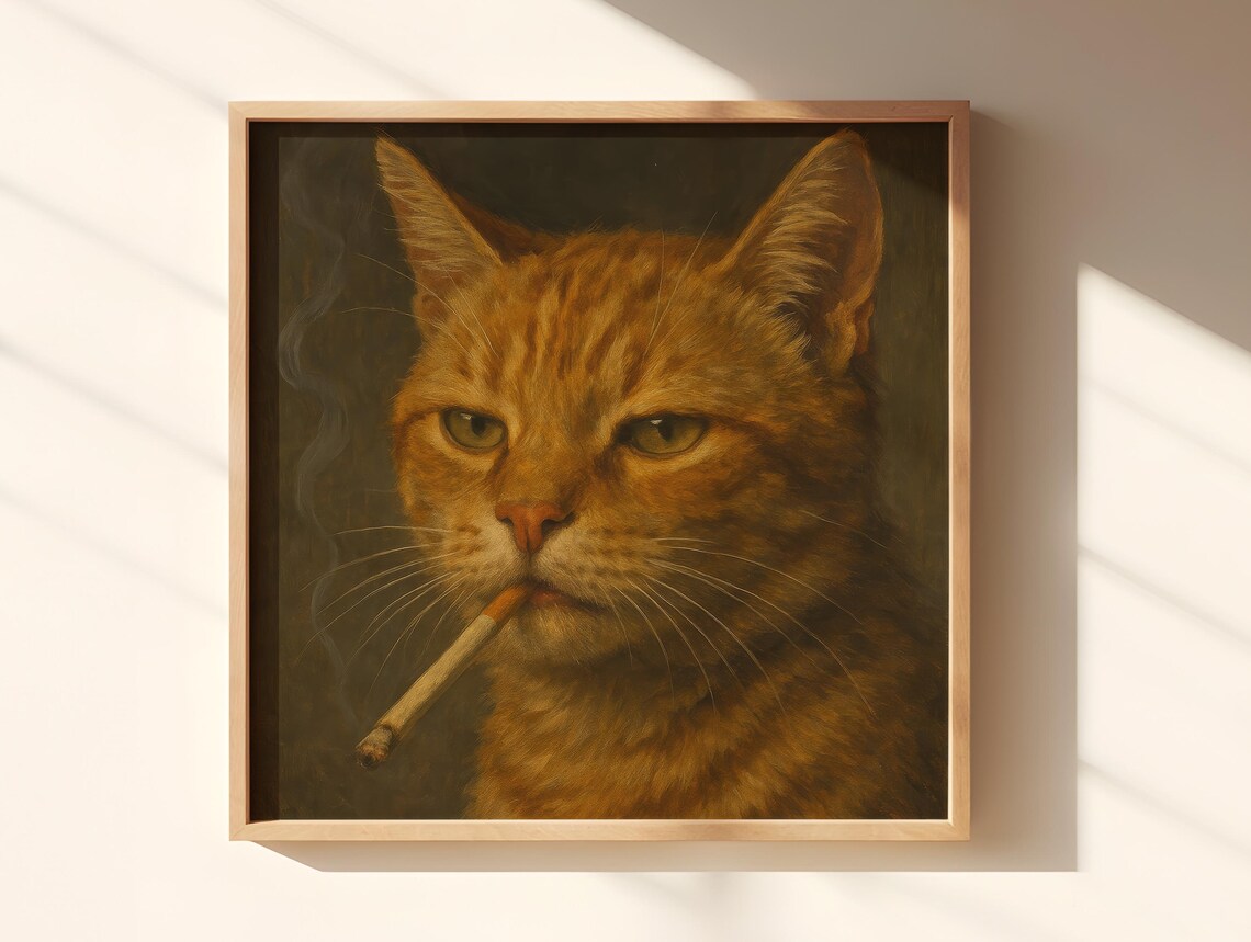 Orange Tabby Cat Smoking a Cigarette Moody Vintage Portrait Poster - Image 4