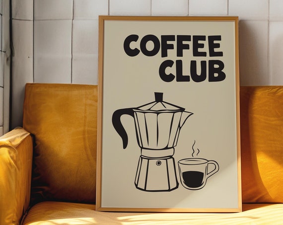 Cream Coffee Club Print Retro Espresso Machine Poster Brew Crew Print Bar Cart Art Minimalist Kitchen Poster Caf Art Fun Coffee Lover Print