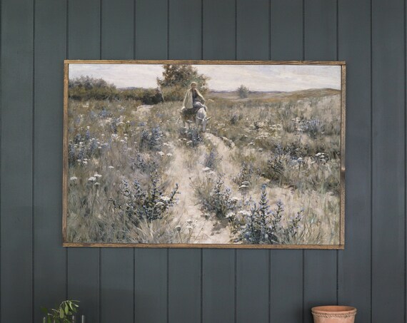 Rider on a Donkey Through Wildflower Field Vintage Religious Poster