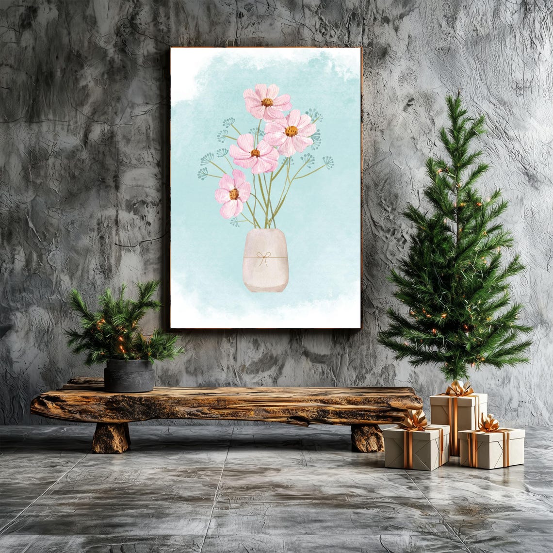 Pink Cosmos Flowers In Vase Watercolor Blue Background Floral Poster - Image 2