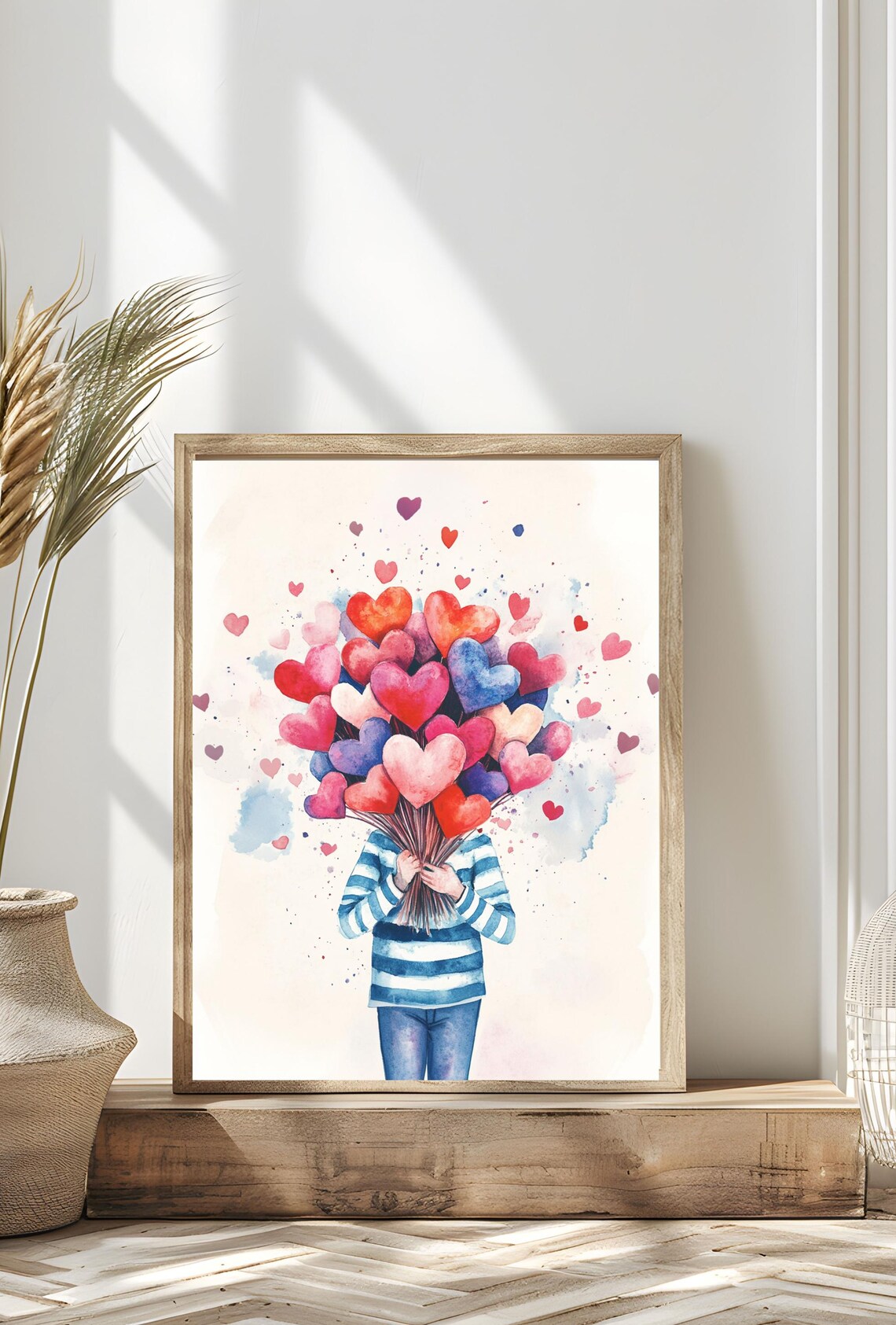 Watercolor Heart Bouquet Romantic Red Pink Blue Valentine Art Poster