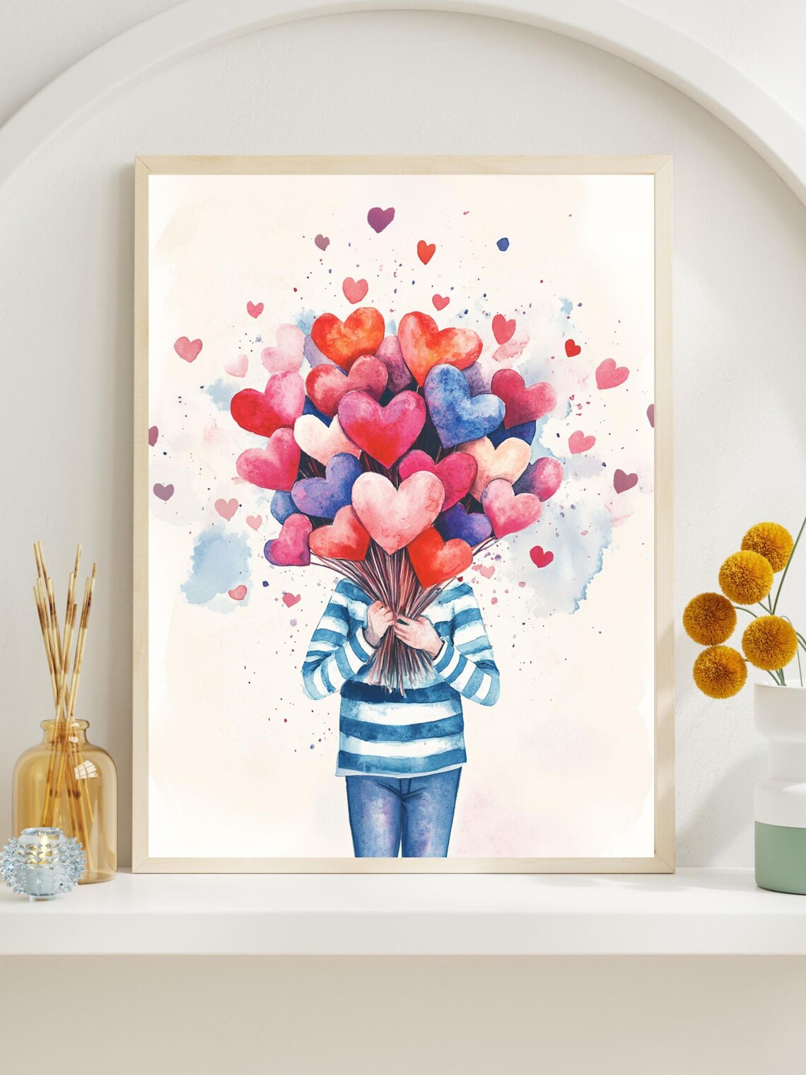 Watercolor Heart Bouquet Romantic Red Pink Blue Valentine Art Poster - Image 3