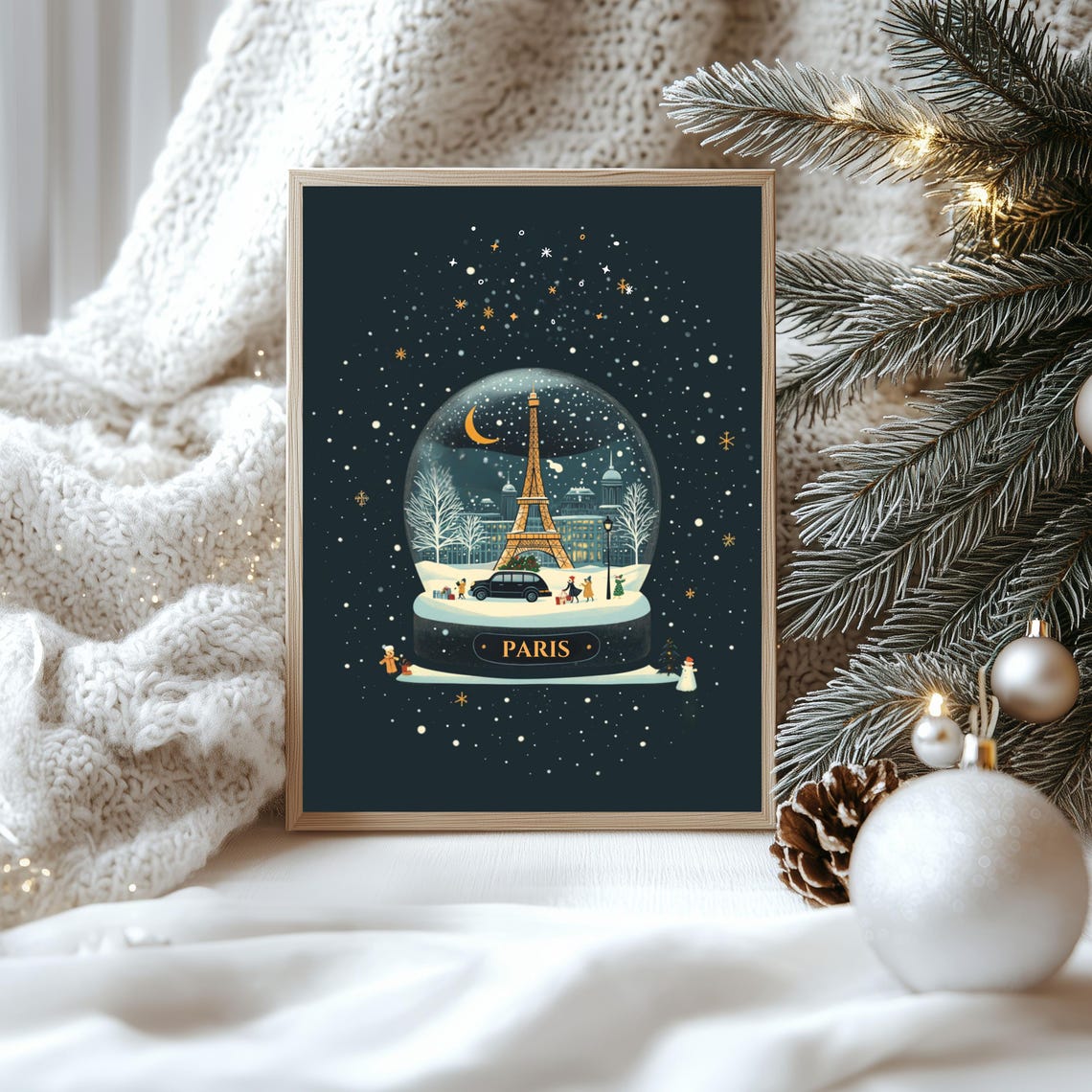 Paris Eiffel Tower Snow Globe Night Sky Christmas Travel Poster - Image 2