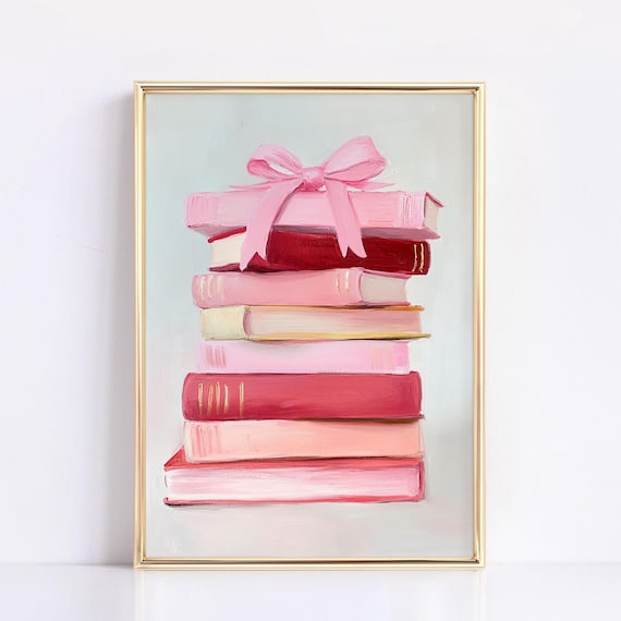 Stack of Pink Books with a Bow for Book Lovers Painting Poster