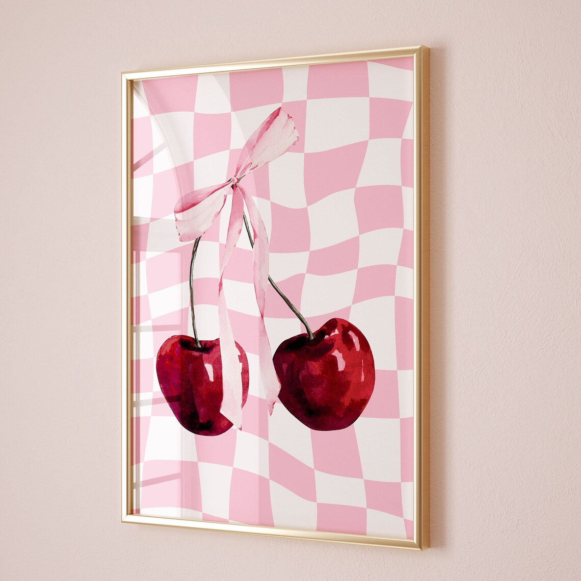 Cherry With Pink Bow Checkered Coquette Watercolor Fruit Poster