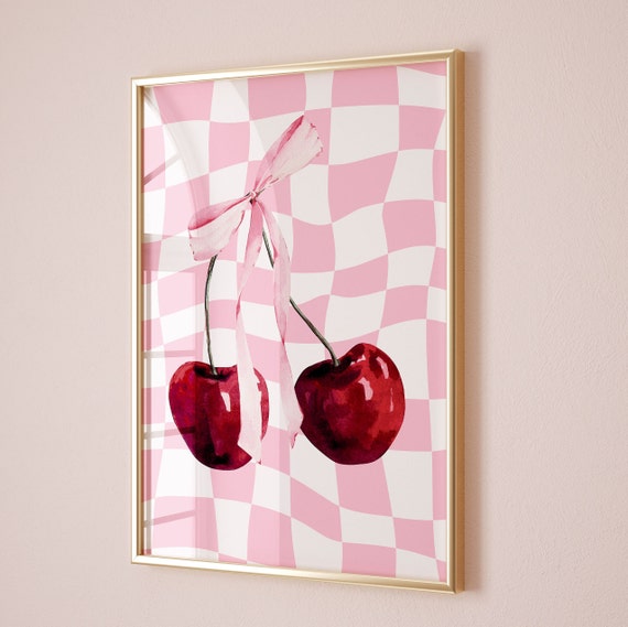 Checkered Wall Art Cherry Print Coquette Room Decor Bow Wall Art Retro Wall Art Apartment Decor Funky Aesthetic Room Decor Pink