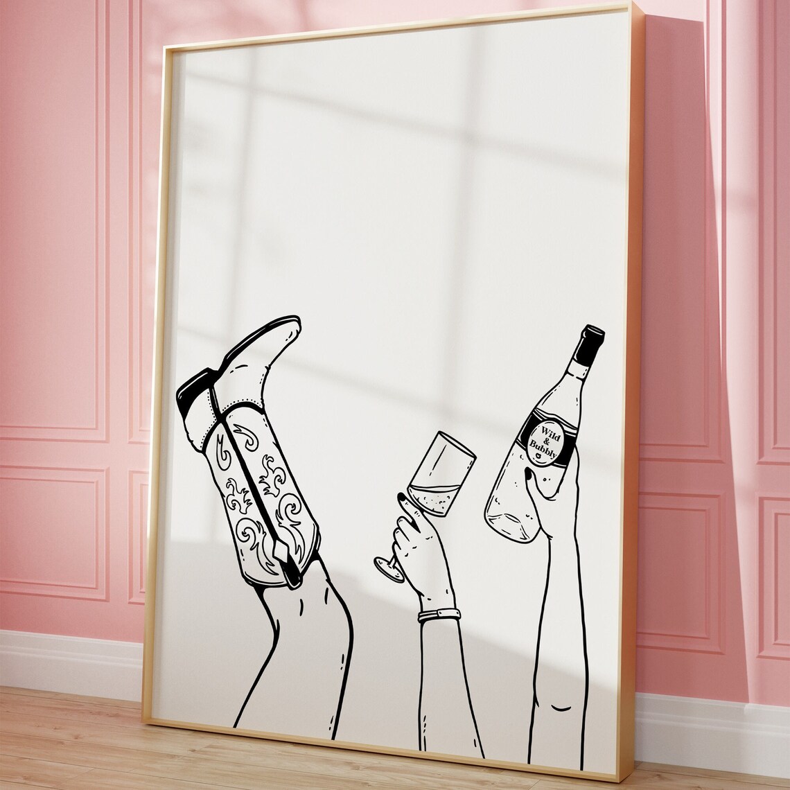 Western Cowboy Boot Wine Glass Cheers Line Art Party Wall Art