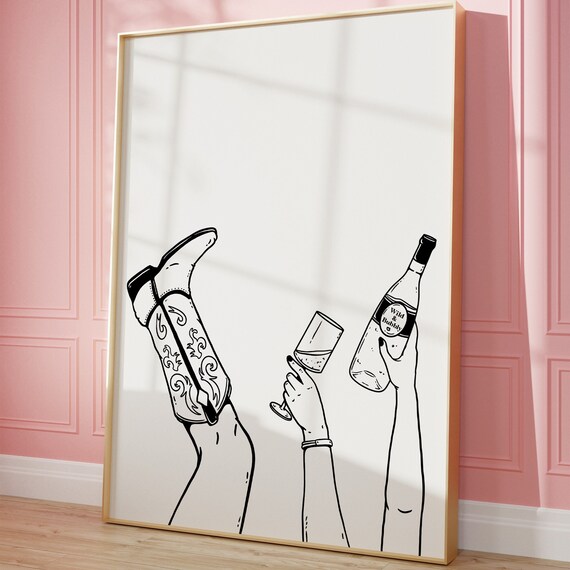 Western Cowboy Boot Wine Glass Cheers Line Art Party Wall Art