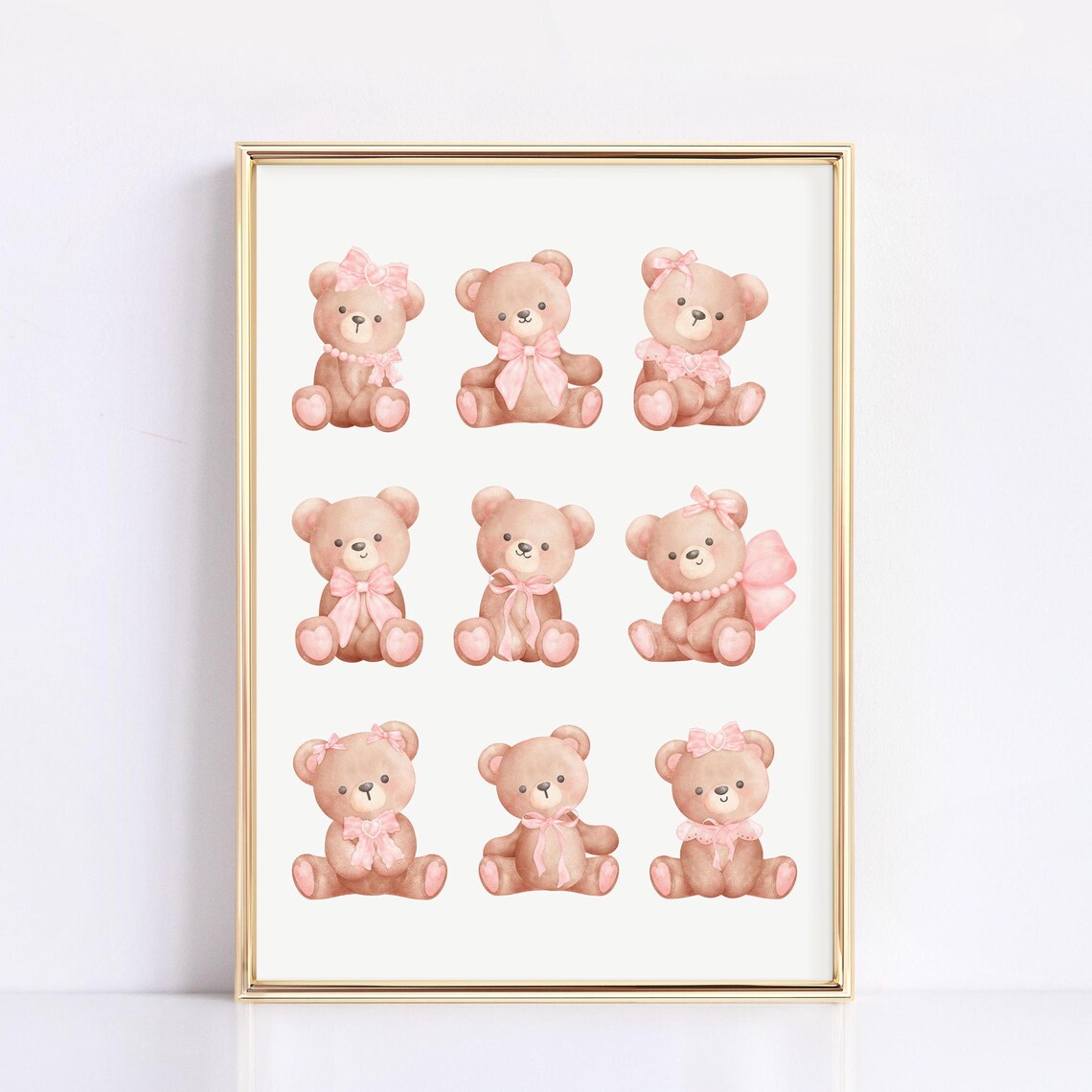 Nine Watercolor Teddy Bears Pink Bows Nursery Baby Girl Room Wall Art