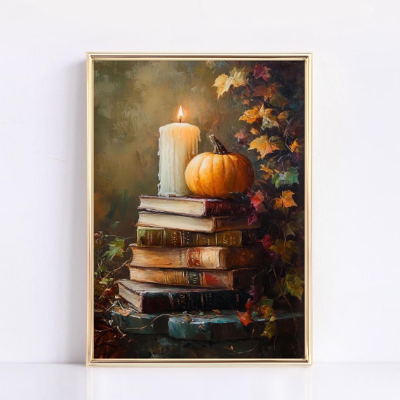 Stack Of Books Fall Print Autumn Home Decor Moody Wall Art Pumpkin Decor Rustic Halloween Wall Decor Cozy Fall Neutral Painting Aesthetic