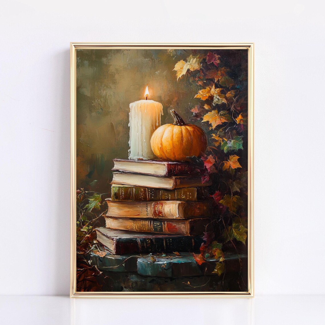 Stack Of Old Books Candle Pumpkin Painting Cozy Autumn Dark Academia Poster