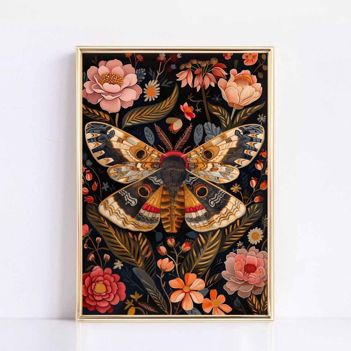 Emperor Moth Pink Floral Black Background Moody Gothic Art Poster