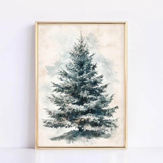 Vintage Christmas Tree Print Christmas Decor Wall Art Moody Natural Antique Holiday Winter Tree Neutral Watercolor Painting
