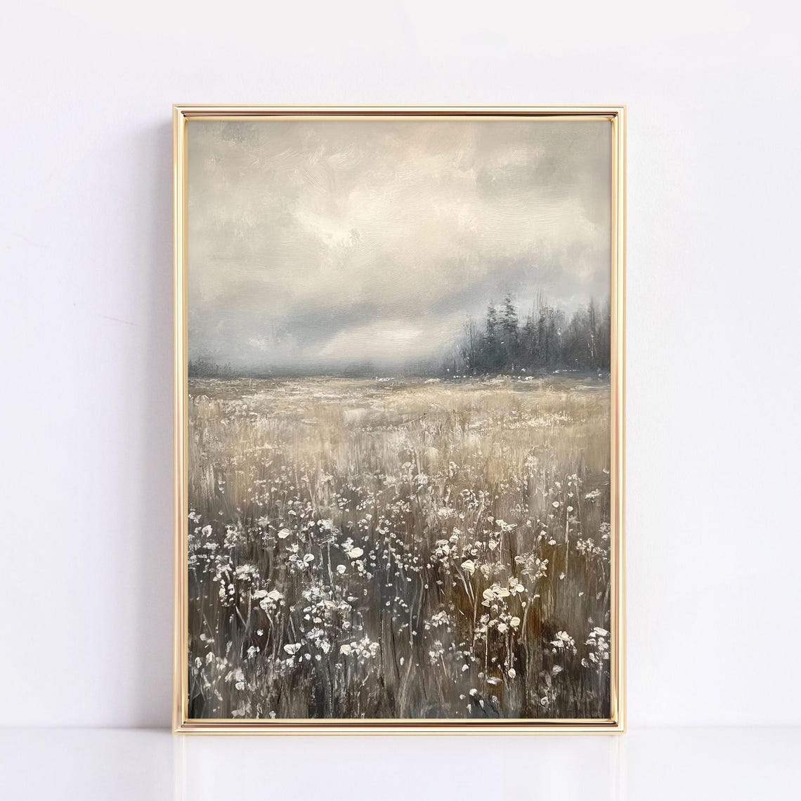 Soft Dreamy Misty Wildflower Meadow Painting Under Moody Sky Poster