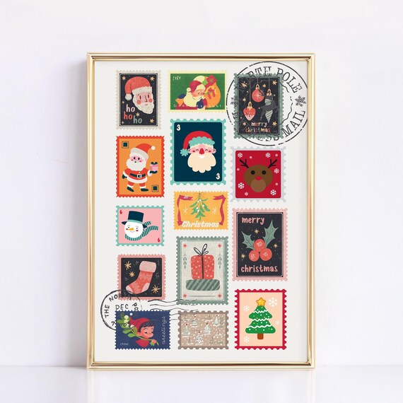 Trendy Christmas Vintage Stamps Print Physical Art Santa Cute Christmas Decor Colorful Holiday Wall Art Trendy Christmas Art Print Winter