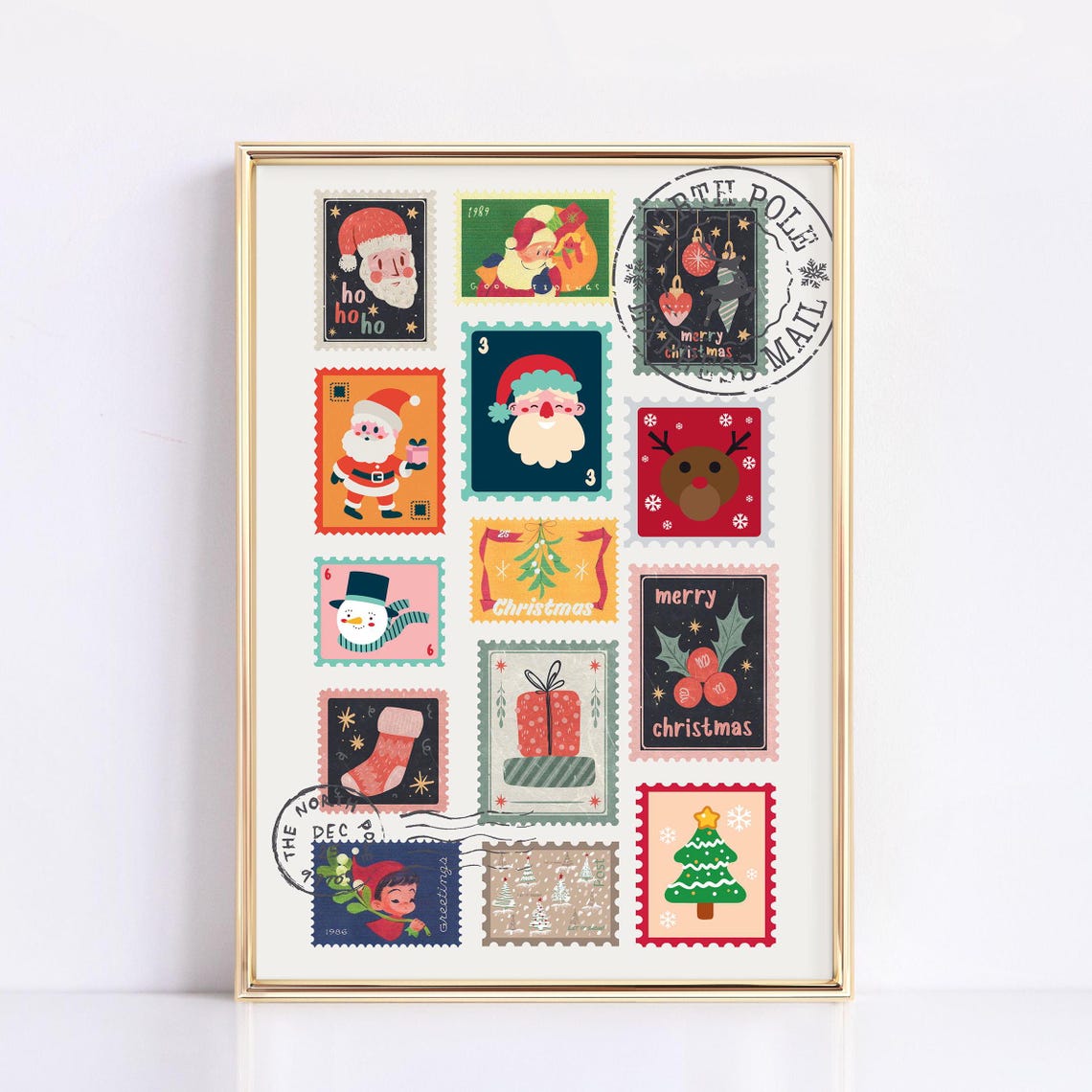 Vintage Christmas Postage Stamp Collection Santa Holiday Poster