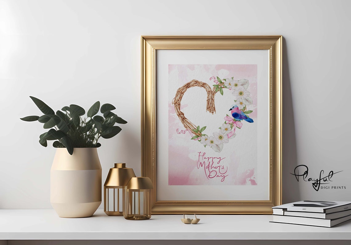 Happy Mothers Day Rattan Heart Wreath Bird Floral Watercolor Poster - Image 4