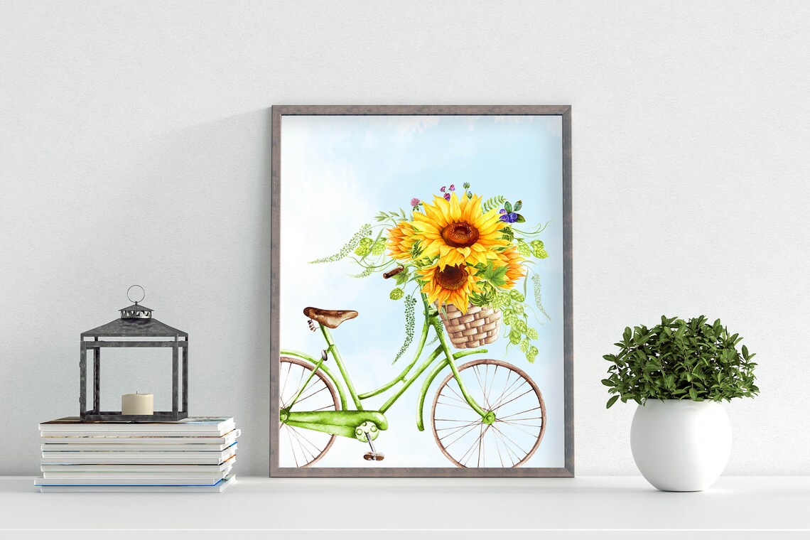 Green Bicycle With Sunflower Basket Summer Watercolor Poster - Image 6
