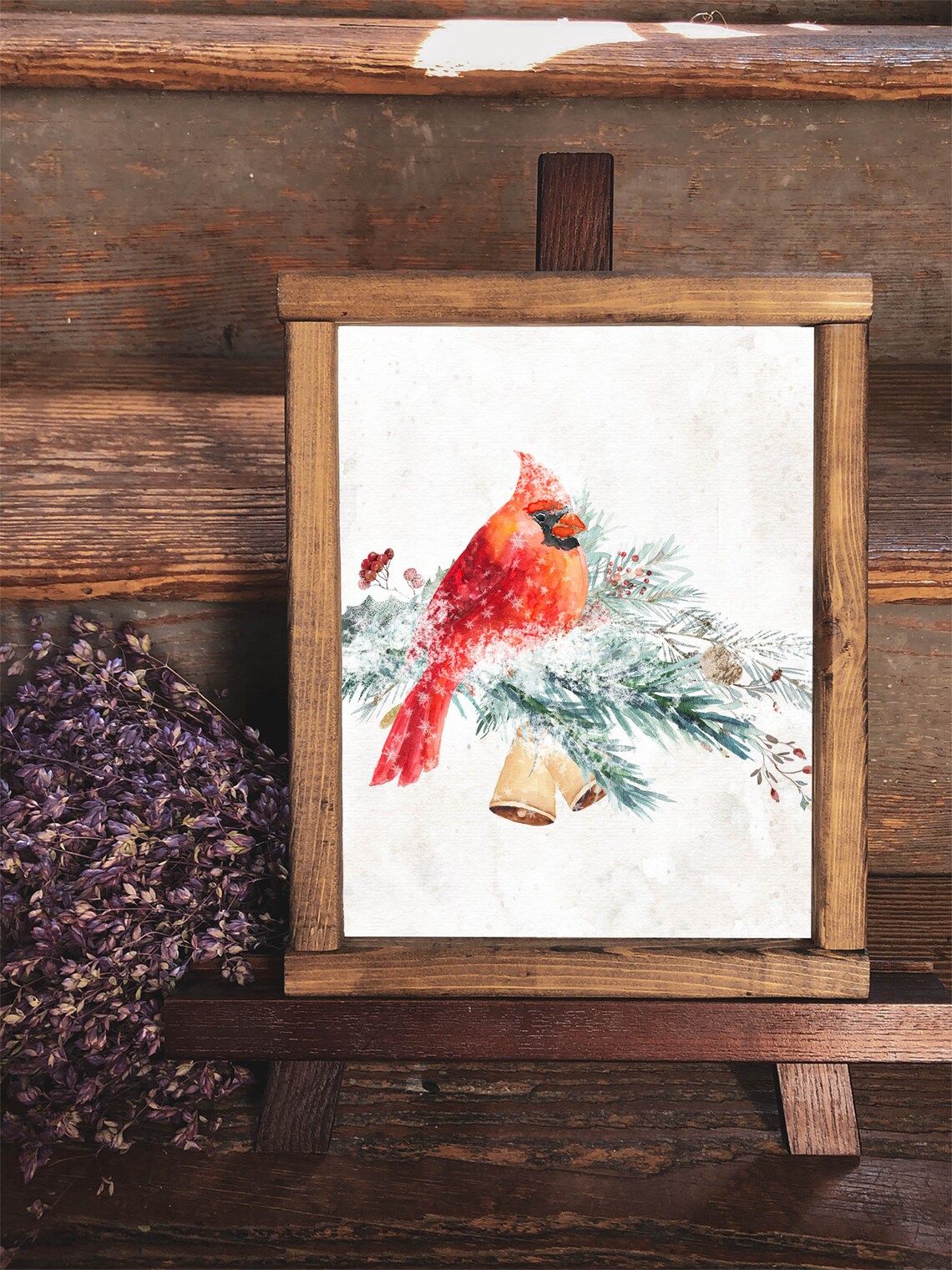 Red Cardinal On Snowy Pine Branch Golden Bells Winter Bird Poster - Image 9