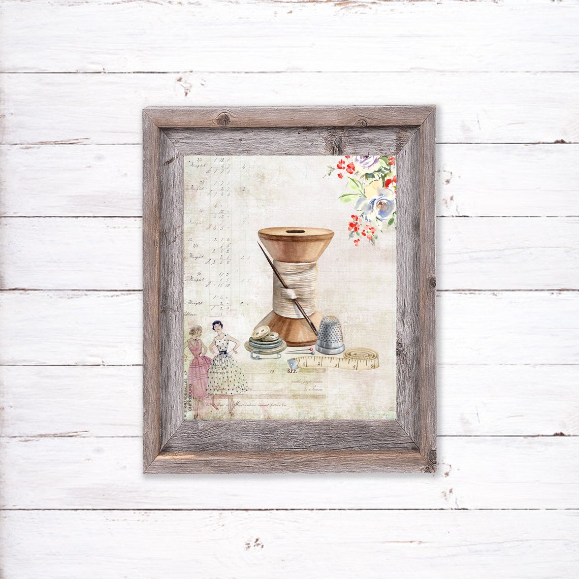 Vintage Sewing Collage Spool Thimble Craft Room Retro Poster - Image 2